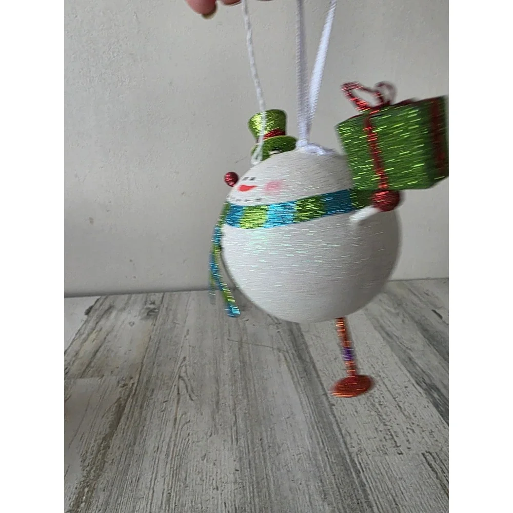 Vintage Pier 1 glitter snowman presents ornament top hat green Xmas
